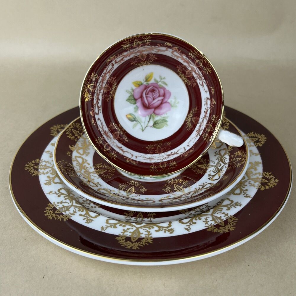 VTG Royal Grafton Bone China Burgundy Gold Rose Teacup Saucer Plate Trio England